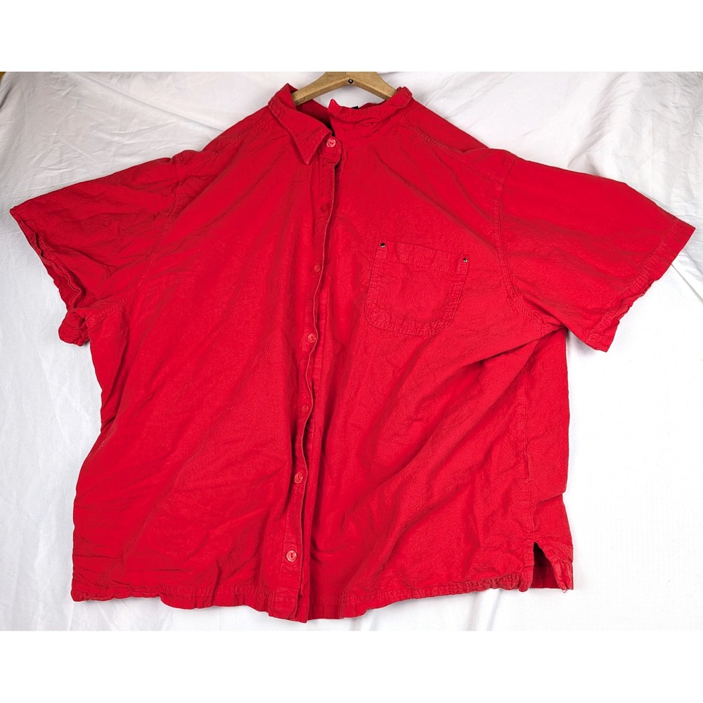 Erika Woman Red Cotton Short Sleeve Button Down Shirt Plus 4X Textured Gauze